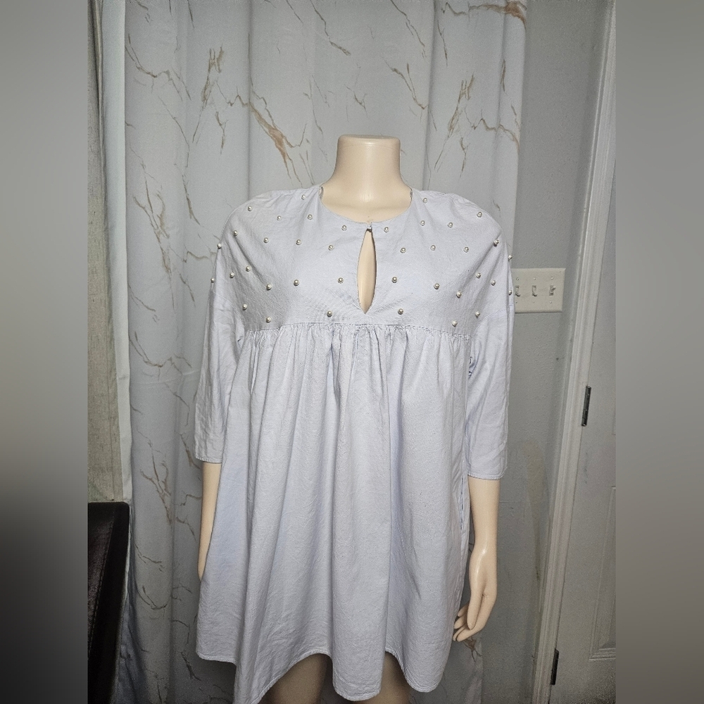 Zara TRF Light Blue Woven Top with Black Label